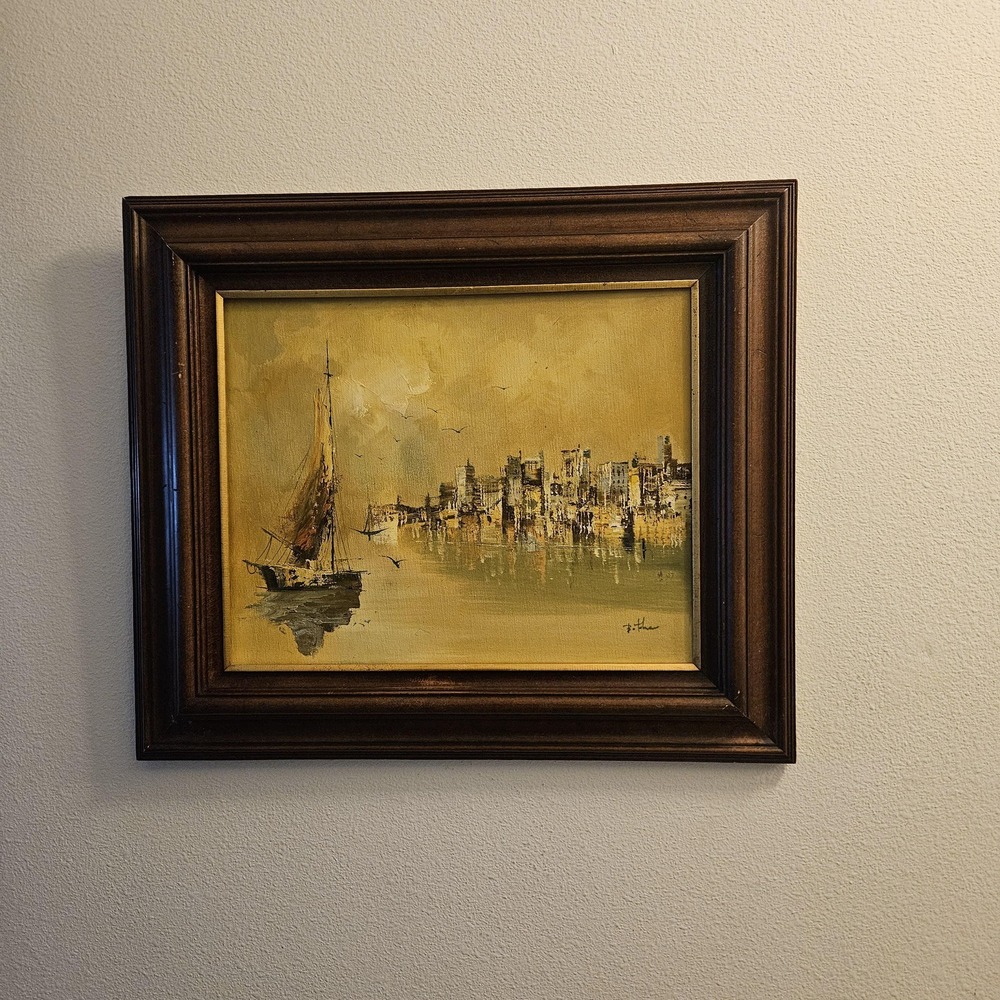 vintage framed oil painting canvas MCM Impressionist Marine Sailing Boats Signed